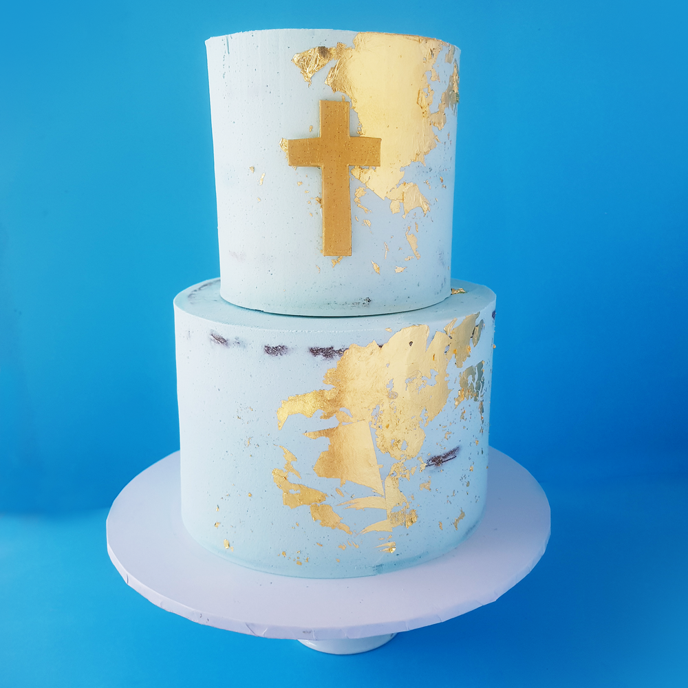 Blue Gold Leaf Christening Cake