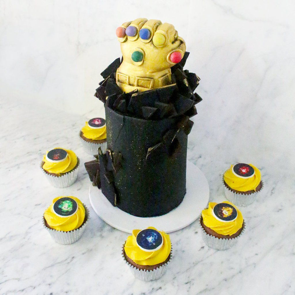 Thanos Infinity Gauntlet Cake with Infinity Stone Cupcakes